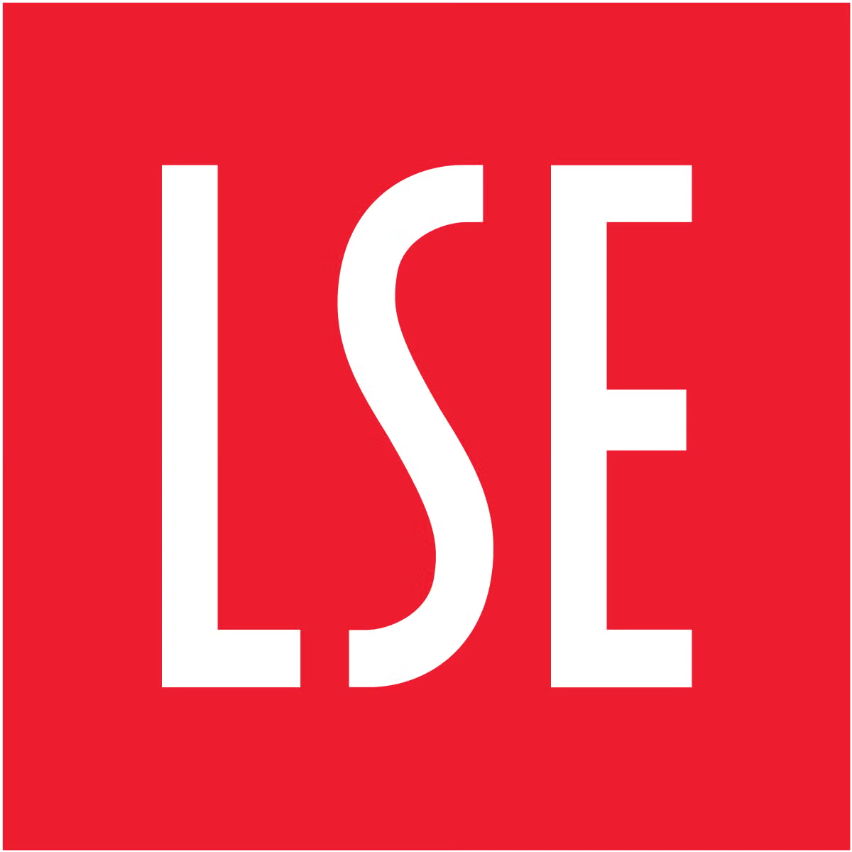 A red square with white letters LSE, a logo representing the London School of Economics