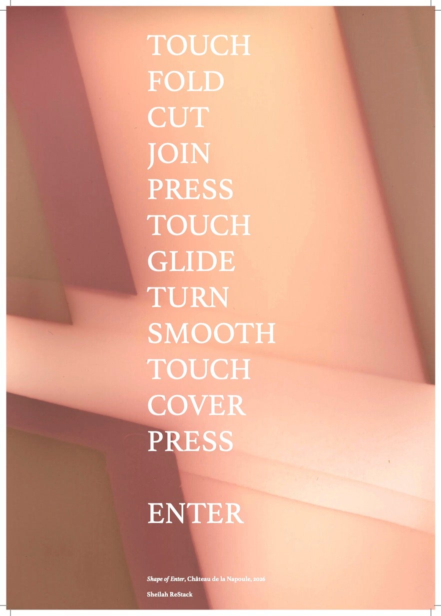 Text on a pink abstract background reads: TOUCH, FOLD, CUT, JOIN, PRESS, TOUCH, GLIDE, TURN, SMOOTH, TOUCH, COVER, PRESS, ENTER.