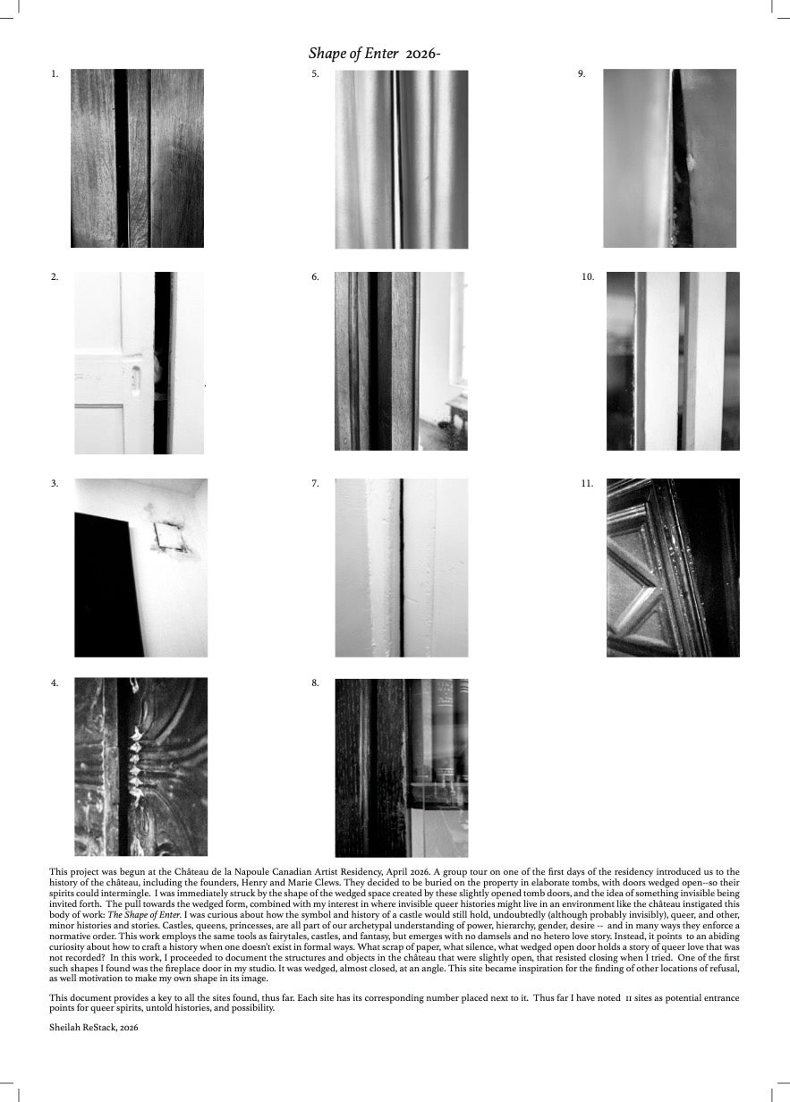 A grid of twelve black-and-white photos showing close-up views of doors, door frames, and related architectural details, with a block of text at the bottom.