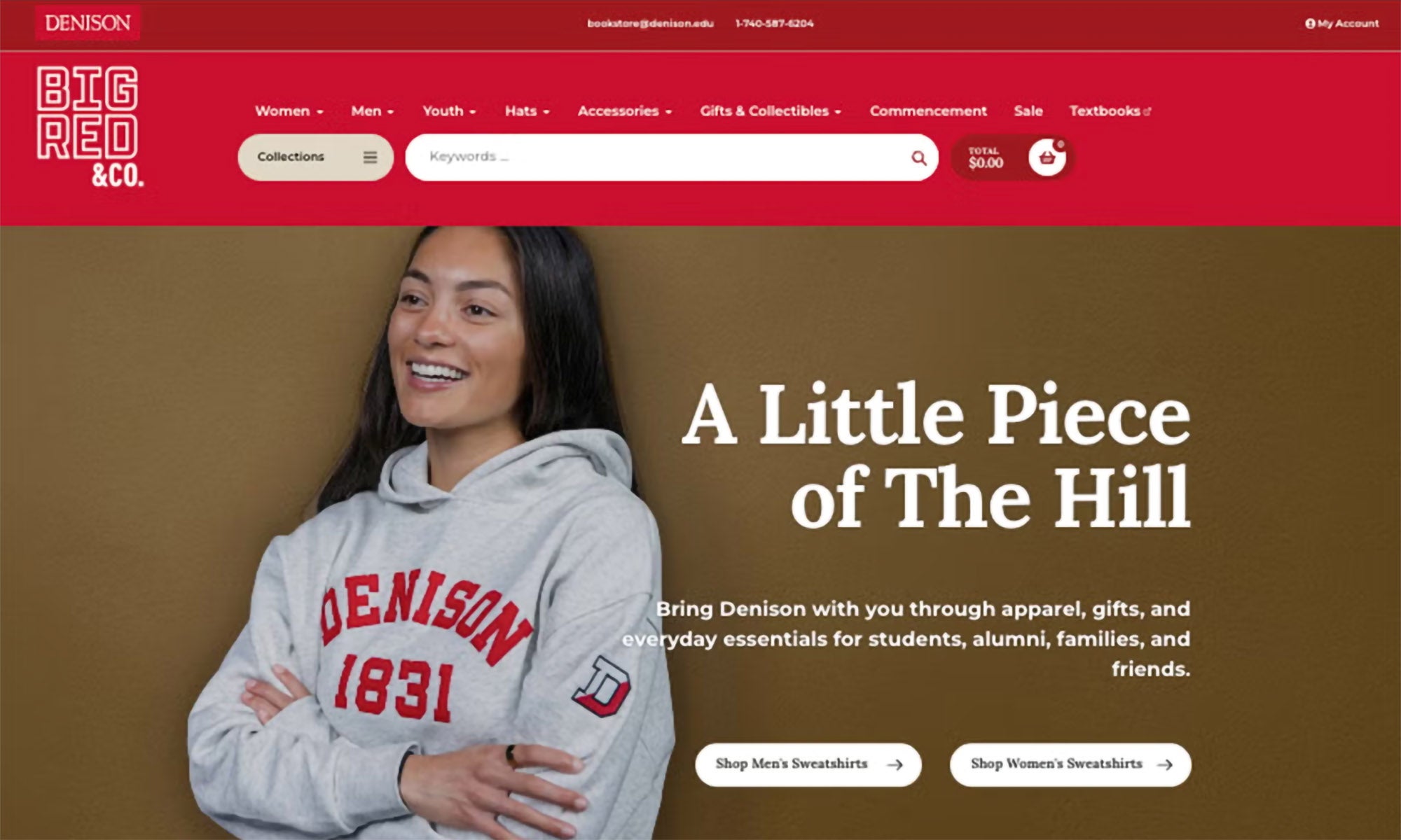 A screenshot of the shop.denison.edu homepage featuring a smiling student wearing a Denison hoodie beside large text that reads, A Little Piece of The Hill.