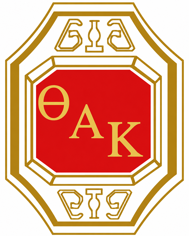 A gold and red octagonal badge with the Greek letters Theta, Alpha, and Kappa in the center and decorative gold patterns on the top and bottom.