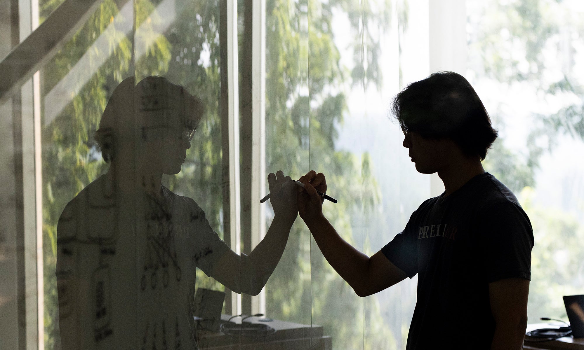Person writing on a glass wall with a marker, their silhouette and reflection visible against a backdrop of trees.