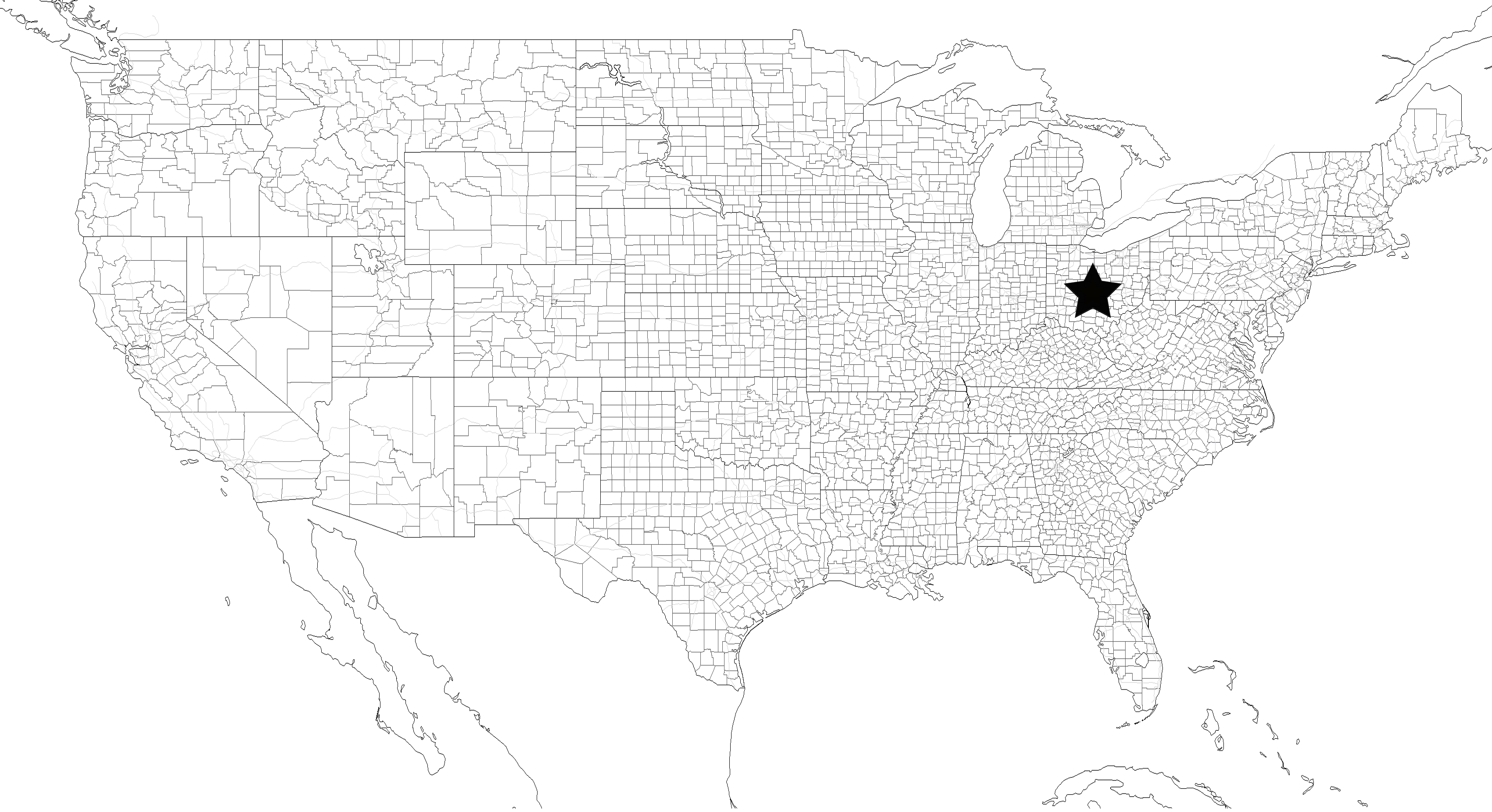 Columbus starred on blank U.S. county map