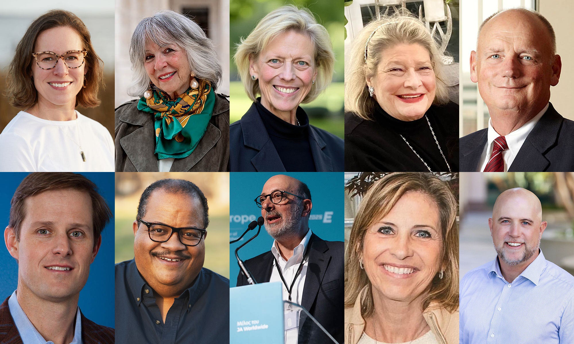 A photo grid displaying ten portraits of Denison alumni selected for the 2026 alumni citations, including Amy Ard, Sharon Carr, Jill Clark, Holly French, Jeff Ireland, Simms Jenkins, Marty Jones, Emilios Kyriacou, Trish Malloch-Brown, and Jack Pellett.