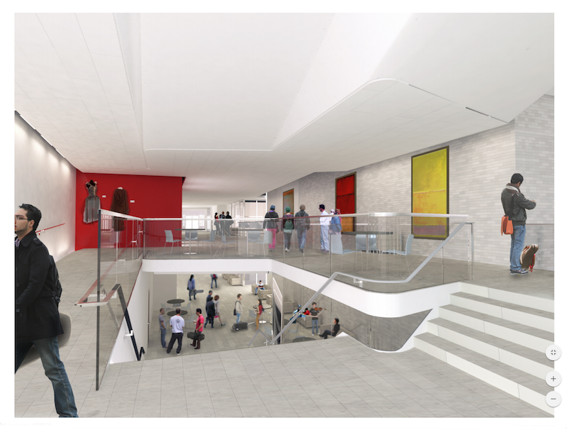 Rendering of common areas within The Eisner Center for Performing Arts.