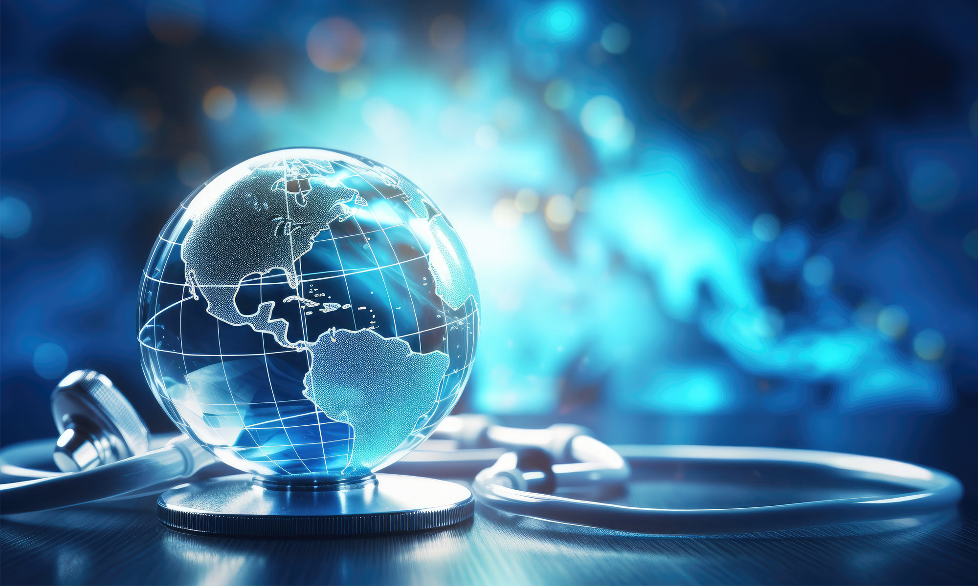 A digital rendering of a glass globe and stethoscope on a bluish background.