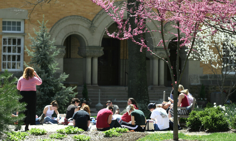 students on campus lawn