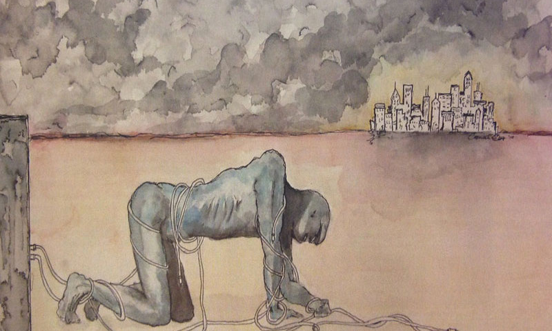 Water color painting of figure tangled in cords