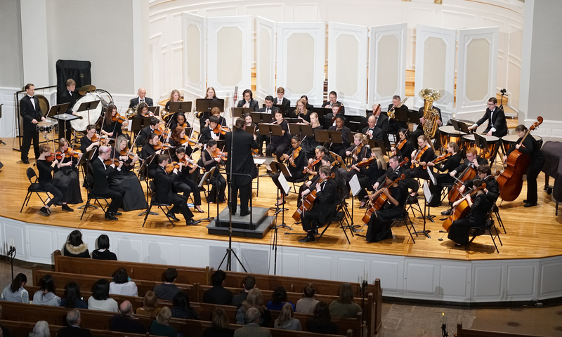 Members of the Denison Symphony Orchestra perform in Swasey Chapel