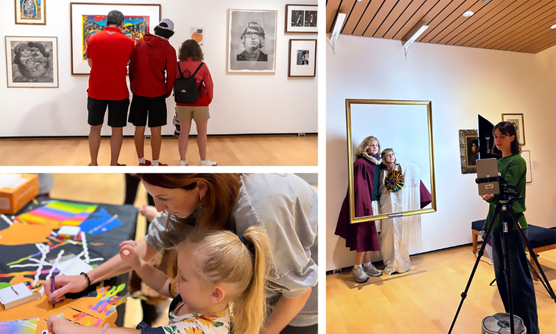 A collage of images of families at the Denison Museum, including a family of three in front of a gallery wall; two women standing behind a large gold frame as another person operates an Ipad connected to a tripod as part of a photobooth exhibit; and a photo of a woman helping a young girl with an arts project using colored paper and crayons.
