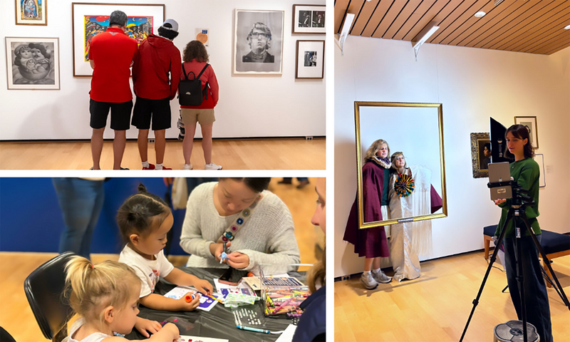 A collage of images of families at the Denison Museum, including a family of three in front of a gallery wall; two women standing behind a large gold frame as another person operates an Ipad connected to a tripod as part of a photobooth exhibit; and a photo of two adults helping young children with an art project using stamps and crayons.