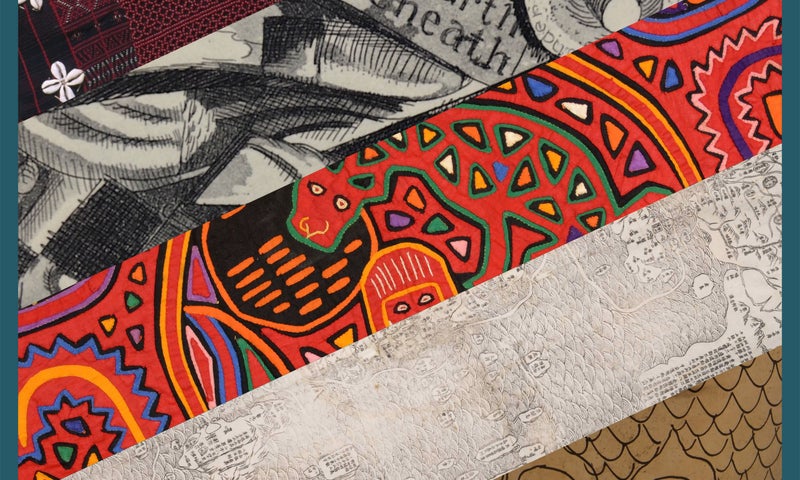 Diagonal strips of various artistic styles, including black-and-white sketches, brightly colored geometric patterns, and detailed maps, are layered against a blue border.