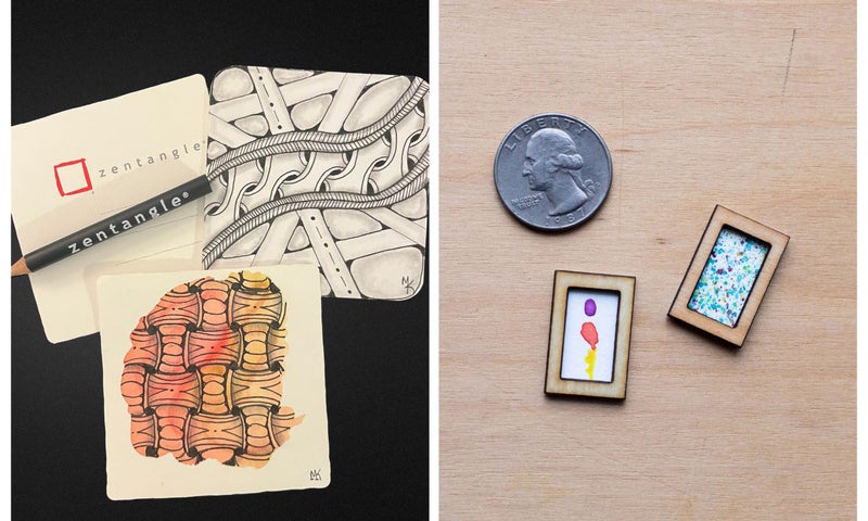 A split image: left shows two Zentangle art tiles with abstract patterns, right shows a quarter and two miniature framed artworks on a wooden surface.