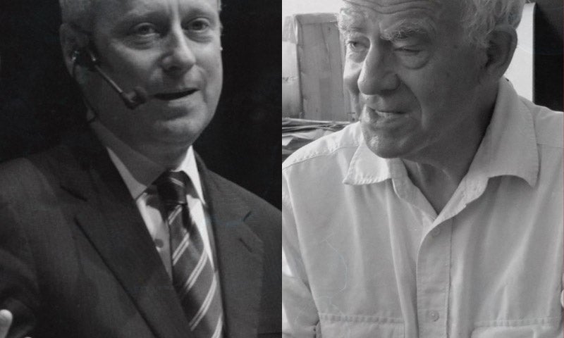 Two older men, one in a suit with a headset speaking, and one in a light shirt sitting and smiling, are shown side by side in a split image.