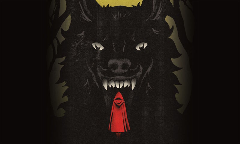 A large wolf showing teeth at a girl in a hood