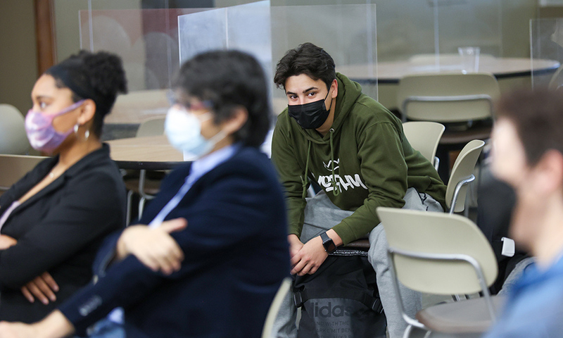 Student in classroom with face mask