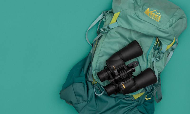 Backpack and binoculars