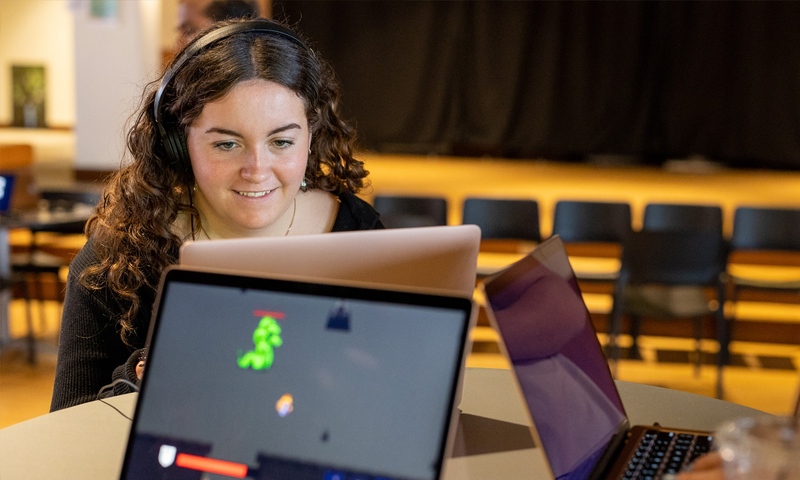 Student on computer playing games