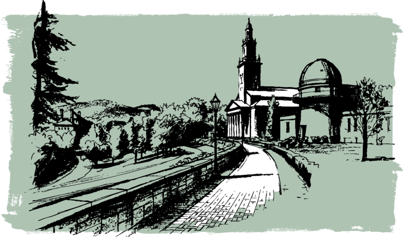 Black and white illustration of a sidewalk leading up to an observatory and a chapel set against a light green background.