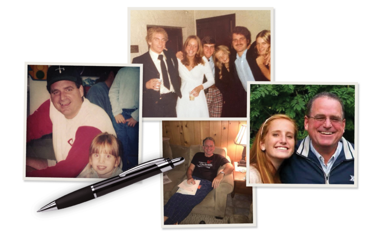 A collage of five photographs showing groups and pairs of people posing and smiling, with one image including a young child. A black pen is placed below the photos on a white background.
