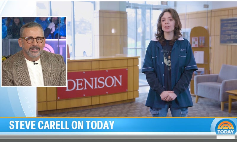 Screenshot from the Today show featuring Steve Carell in an interview and a young person standing in front of a Denison University sign.