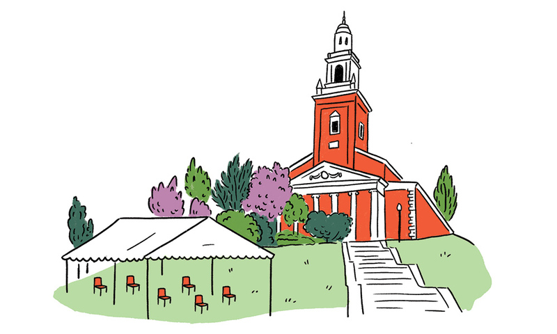 Illustration of Swasey Chapel with a tent and chairs outside