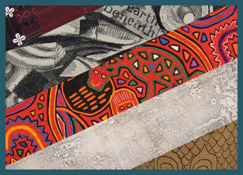 Diagonal strips of various artistic styles, including black-and-white sketches, brightly colored geometric patterns, and detailed maps, are layered against a blue border.