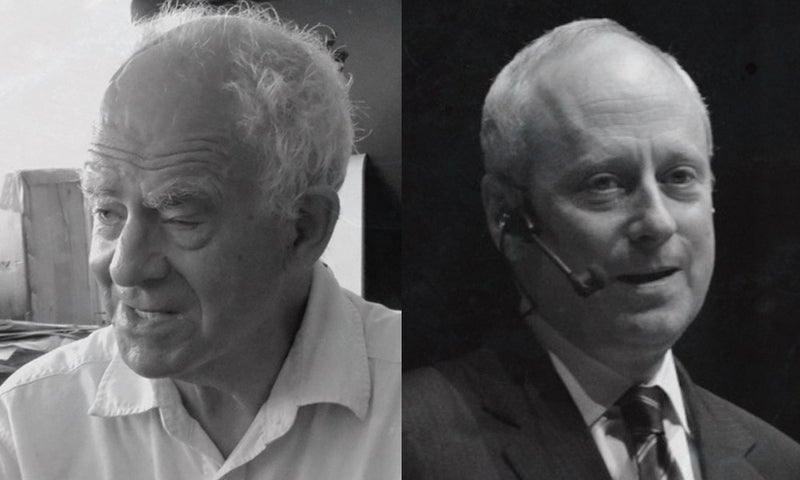 Two older men, one in a light shirt sitting and smiling, and one in a suit with a headset speaking, are shown side by side in a split image.