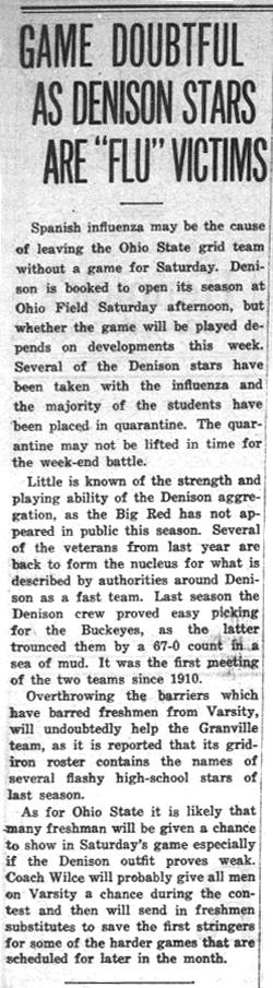 Newspaper clipping - Game Doubtful as Denison Stars Are "Flu" Victims