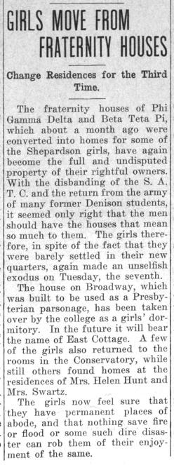 Newspaper clipping: "Girls Move From Fraternity Houses"