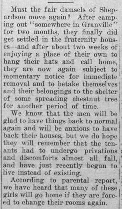 Newspaper clipping: "Must the fair damsels of Shepardson move again?"