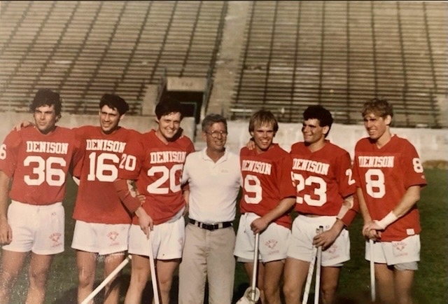 Rick Kienzle and fellow seniors from the 1985 Championship team, pictured left to right: Kienzle, Chris Ross (Captain), Tom Riehl (Captain), Coach Thomsen, Henry Galleher, Gary Becker, and Chris Painter.