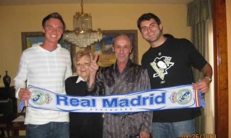 Tim Dukovich '09 returns to Granada, Spain to visit his host family. From left: and Brian Higgins ‘09, Estrella (Mama) Gabriel, Don Gabriel, and Dukovich.