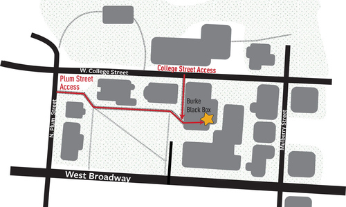 Map of Denison South Quad showing access to The black box theatre from West College Street and North Plum Street.