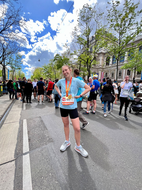 Anna Lindower ran her first marathon while studying abroad. She completed the 26.2-mile course in Vienna, Austria, in under four hours. (Credit: Anna Lindower)
