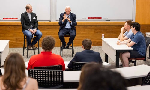 Vice President Mike Pence speaks to students in a classroom.