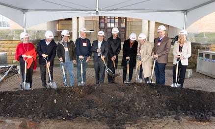 Denison leadership and donors stand with shovels at the groundbreaking center for the Doane renovation and expansion on Friday, Jan. 31, 2025.