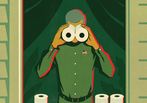 Illustration of a person spying with toilet paper rolls