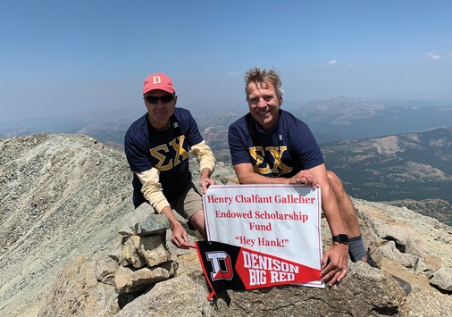 MILE HI: Scott Aiken ‘83 and Jay Snouffer ‘83 decked out in their Sigma Chi shirts at the top of Mount Massive.