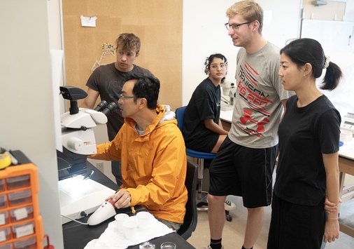 Students viewing research with professor