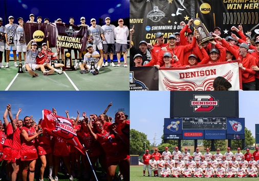 A collage of four photos of the Men's Tennis team with their championship trophy, Men's Swim & Dive team with their national championship trophy, Women's Lacrosse team celebrating their season, and the Men's Baseball team gathered for a team photo.