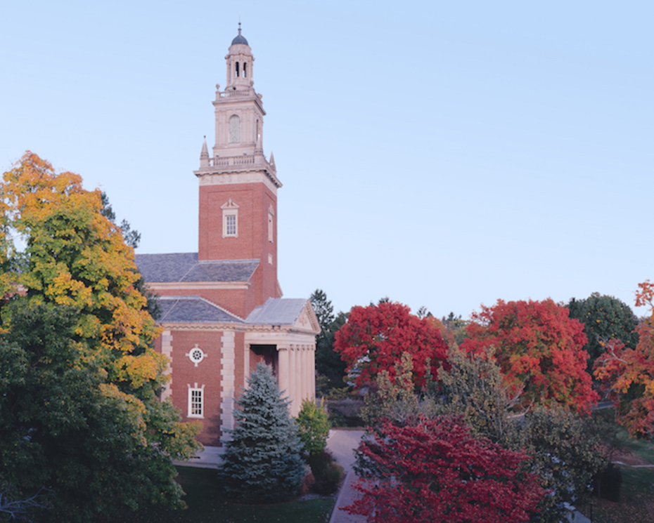 Swasey Chapel in the fall, with red tree colors