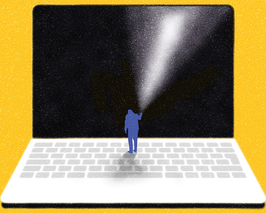An illustration of a small person standing on a laptop keyboard