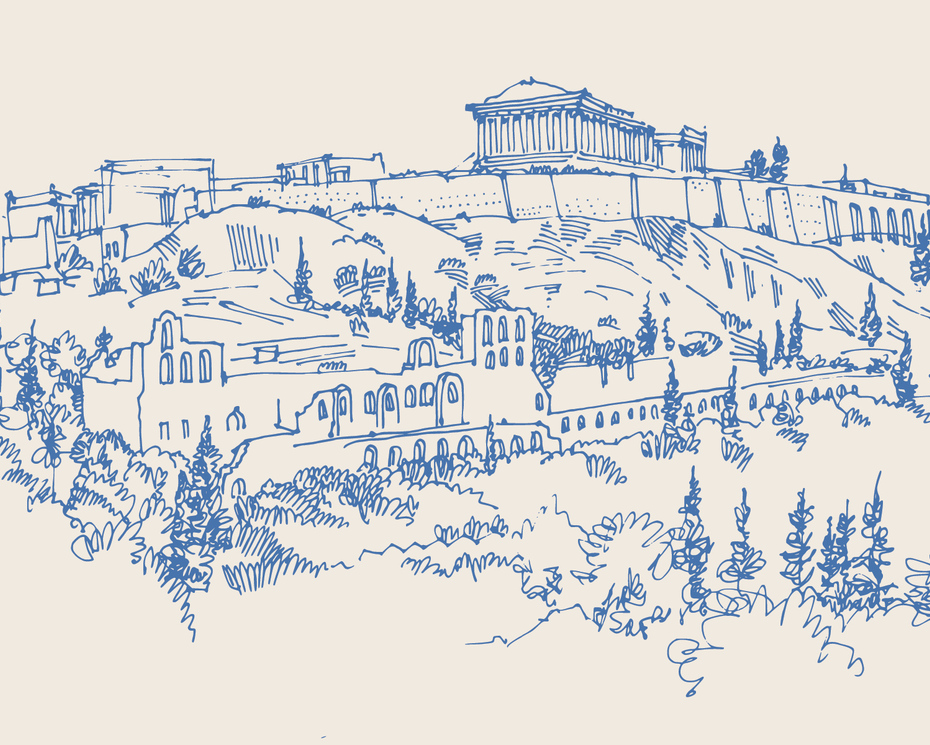 A case for the classics cover image - blue sketch of the Acropolis