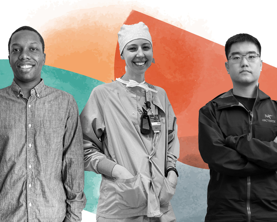 Three young people standing beside one another with a colorful graphic behind them.