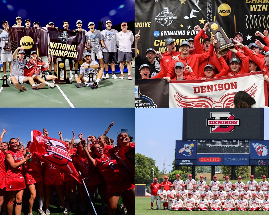 A collage of four photos of the Men's Tennis team with their championship trophy, Men's Swim & Dive team with their national championship trophy, Women's Lacrosse team celebrating their season, and the Men's Baseball team gathered for a team photo.