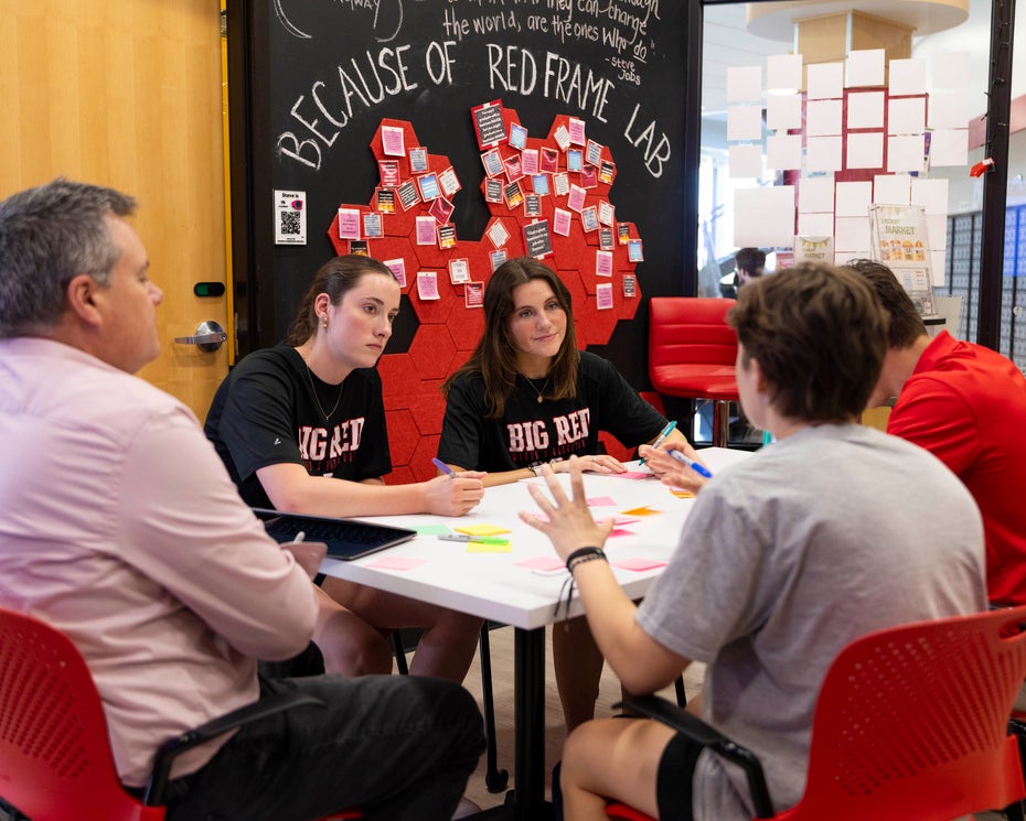 Four people sit around a small white table in discussion, with papers and markers on the table, in a classroom with red chairs and a wall.