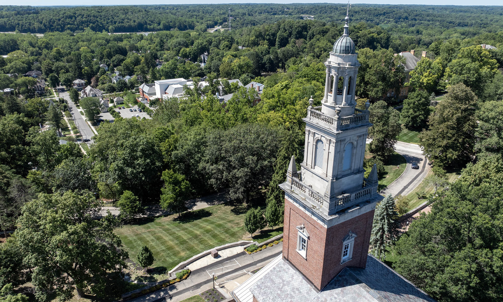 Aerial view of Swasey Chapel overlooking campus and Granville.