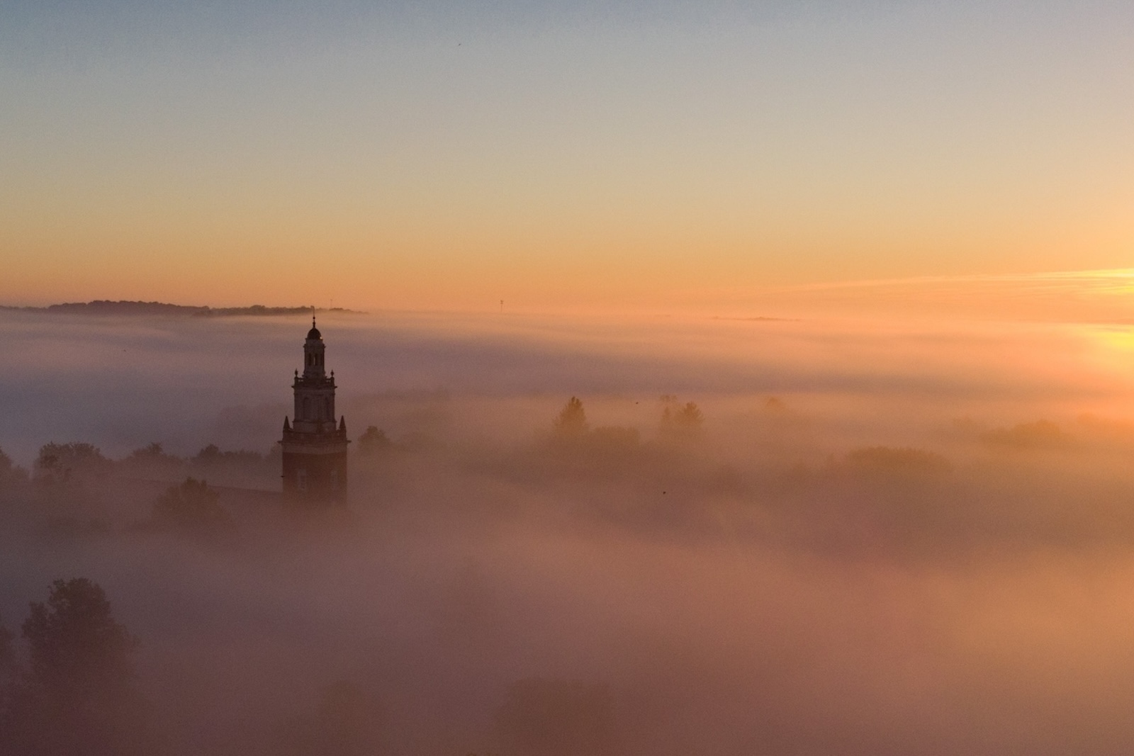 Swasey Chapel peaks out of the morning fog