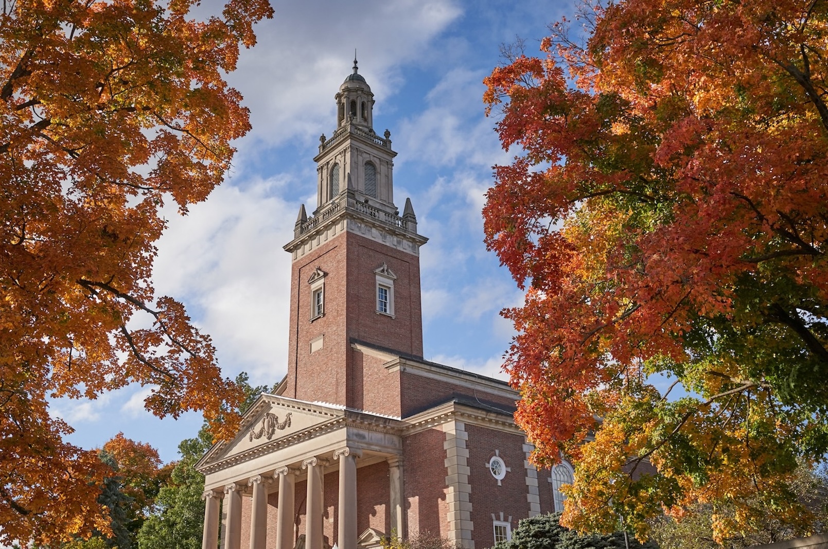 The iconic view of Swasey Chapel in autumn